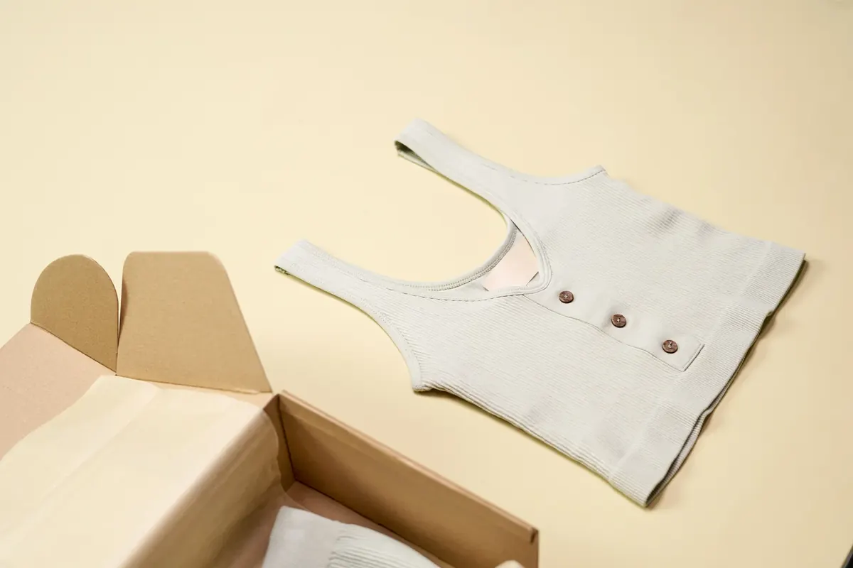 Minimal sleeveless garment arranged beside simple packaging